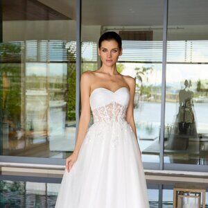 New Strapless A-Line Off White Modern Bridal Mesh Gown w/ Beaded Corset JT2702AW